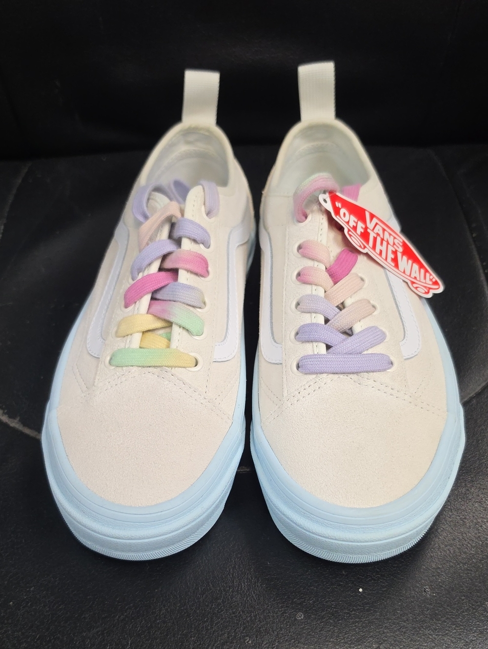 Vans Women’s Cream Low-Top Sneakers with Pastel Rainbow Laces